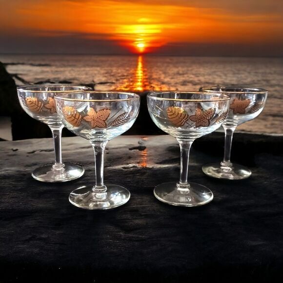 4 Libbey Gold Maple Leaf Champagne Glasses Cordial Wine Martini MAD MEN MCM - Picture 15 of 16